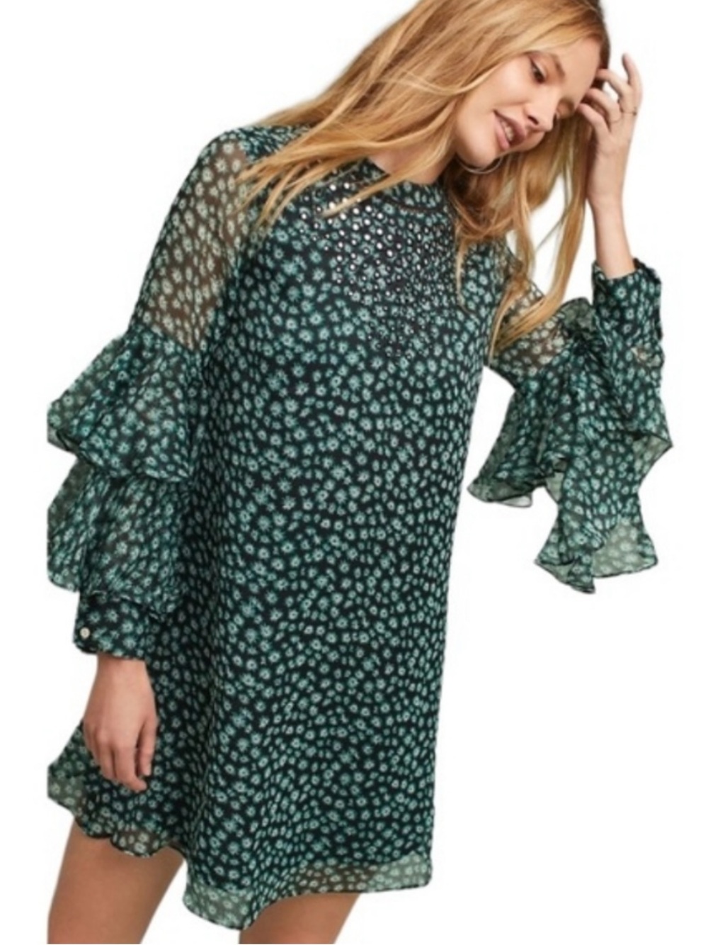 Anthropologie Ranna Gill Green/black Floral Tiered Ruffle Sleeve Mini Dress